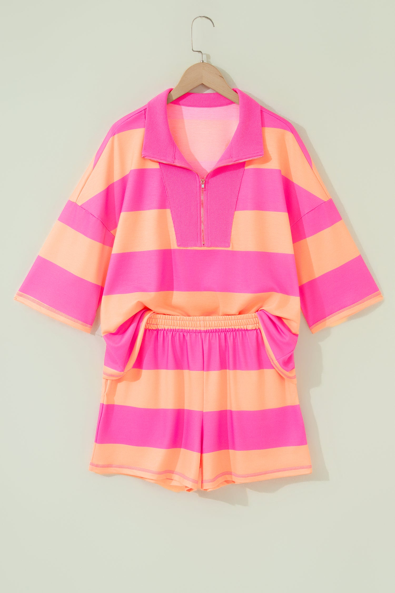 Pink Seam Detail Half Zip Tee Casual Shorts 2pcs Set