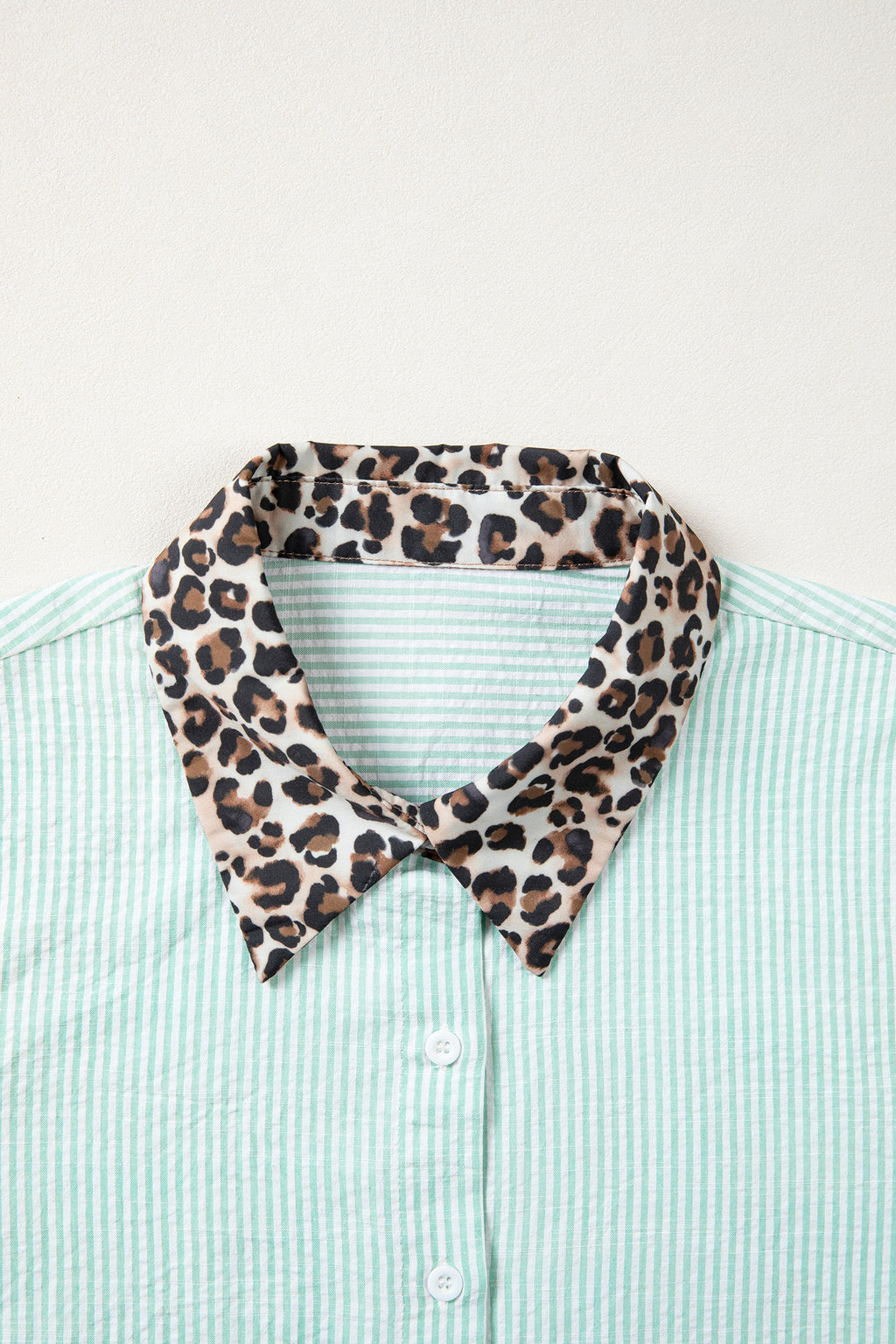 Sky Blue Stripe Leopard Contrast Collar Short Sleeve Shirt
