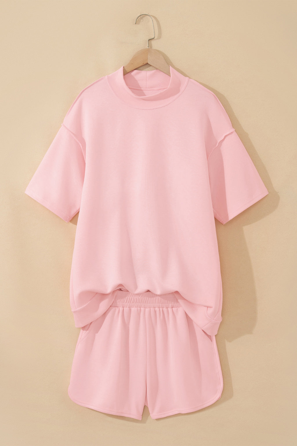 Yellow Cream Solid Color Exposed Seam Mock Neck Oversize Tee Casual Shorts 2pcs Outfit