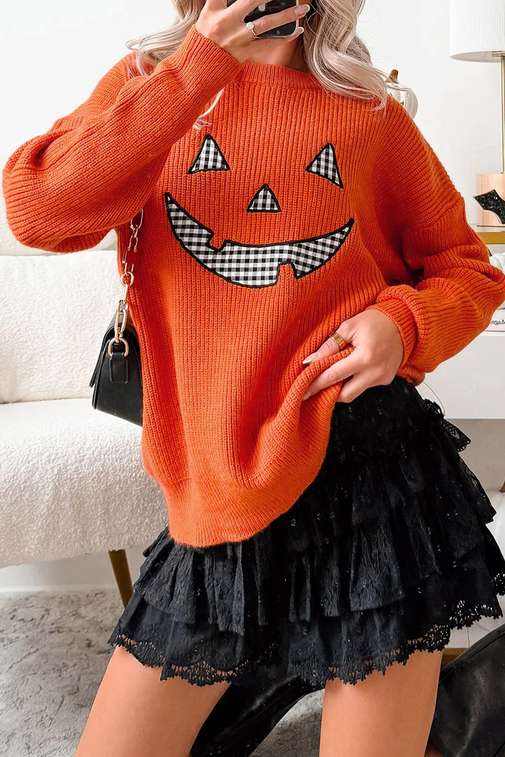 Orange Drop Shoulder Long Sleeve Round Neck Halloween Sweater