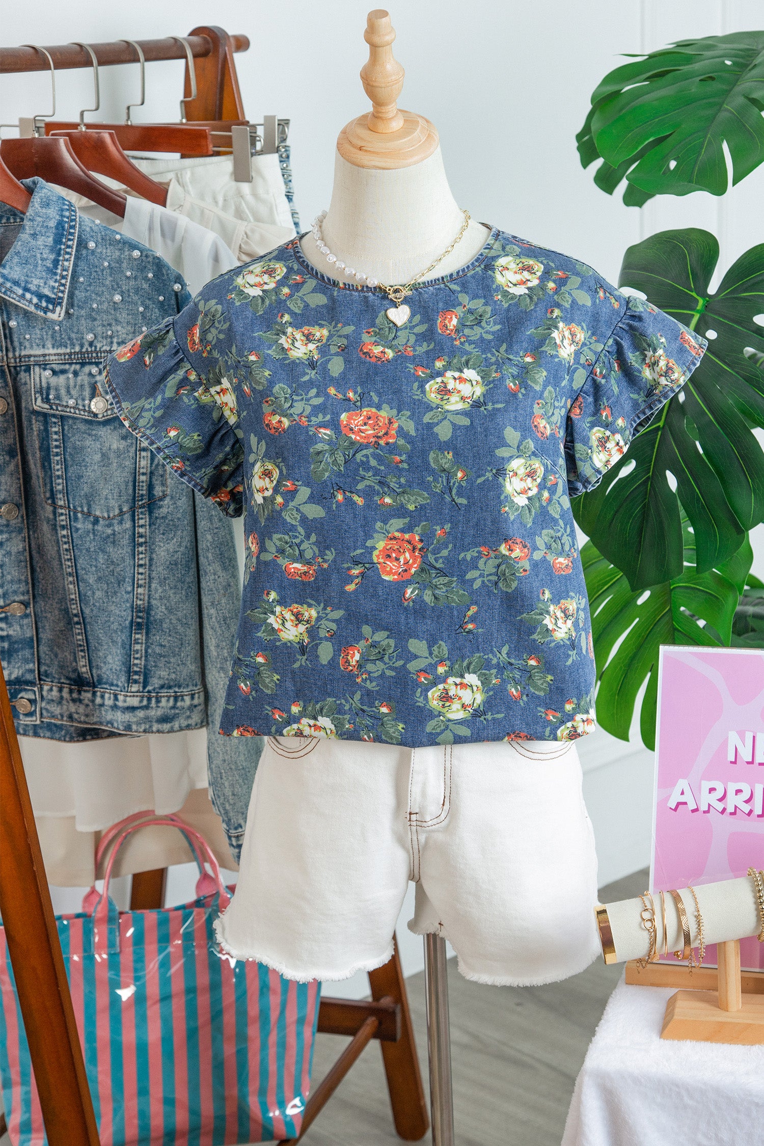 Ashleigh Blue Ruffled Short Sleeve Floral Denim Top