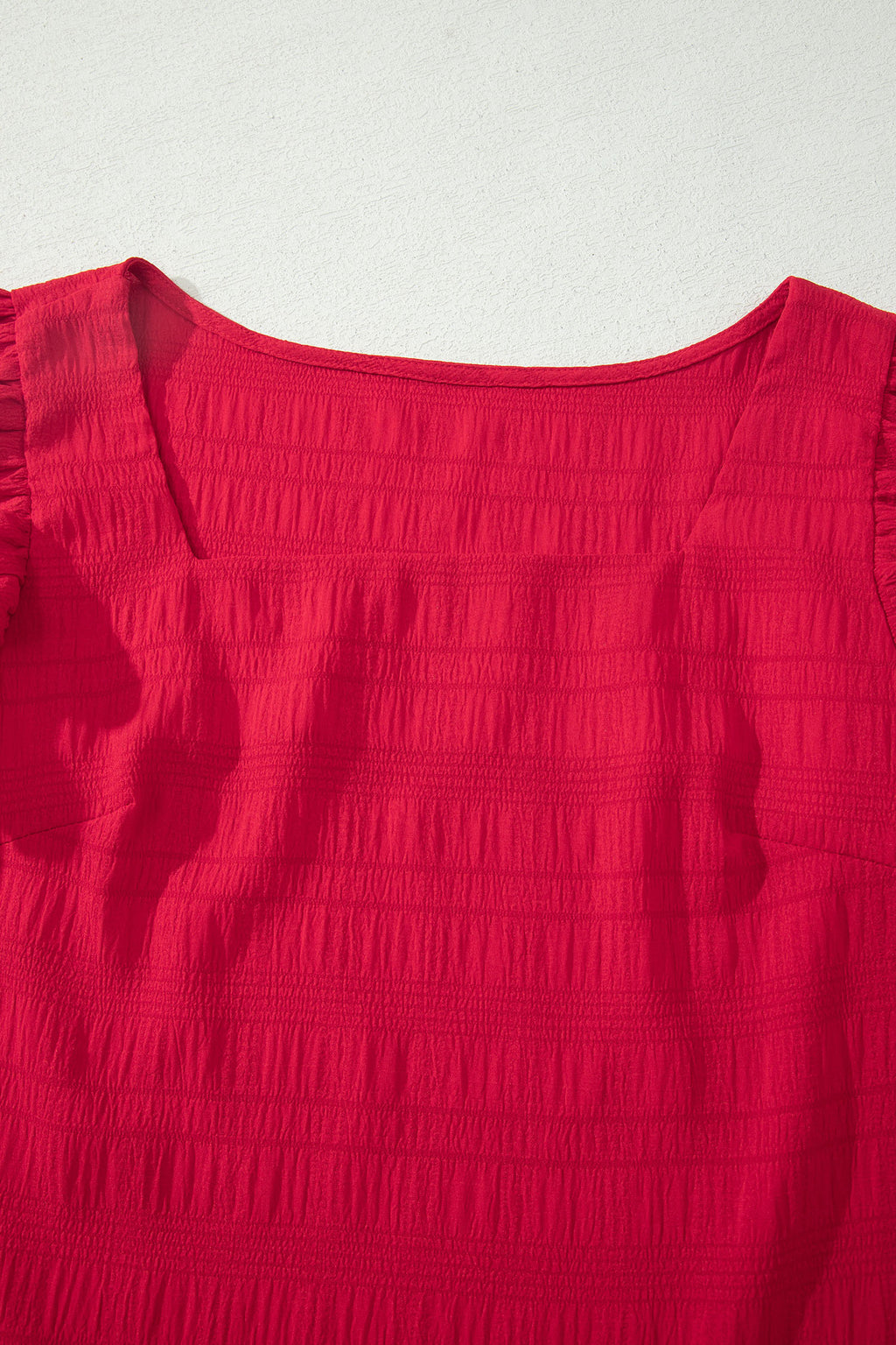 Fiery Red Textured Square Neck Top and Shirred High Waist Shorts Set