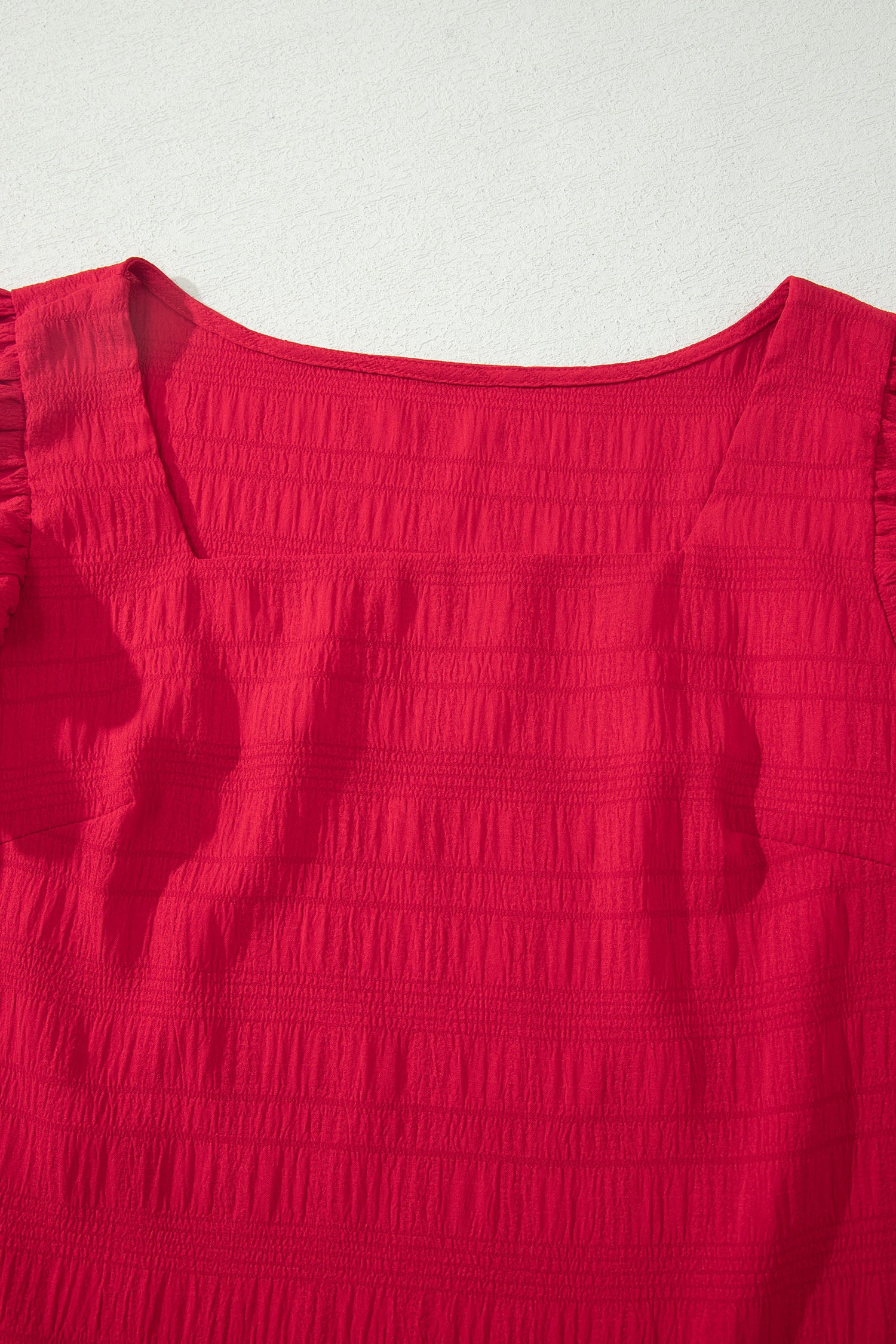 Fiery Red Textured Square Neck Top and Shirred High Waist Shorts Set
