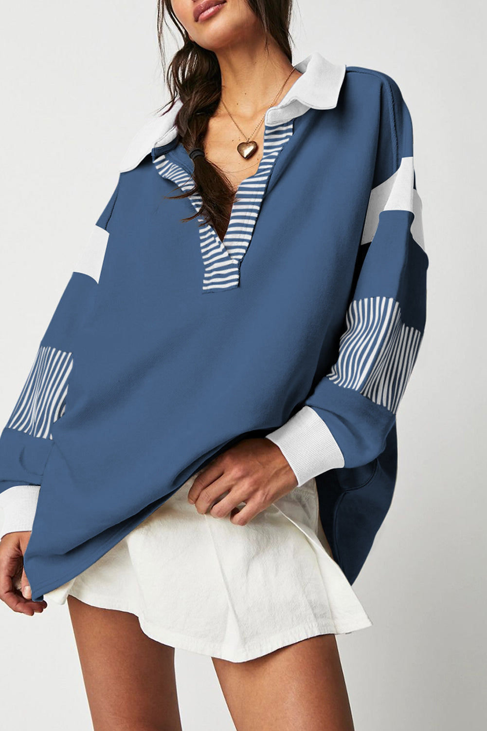 Light French Beige Striped Colorblock Patchwork Collar Sweatshirt