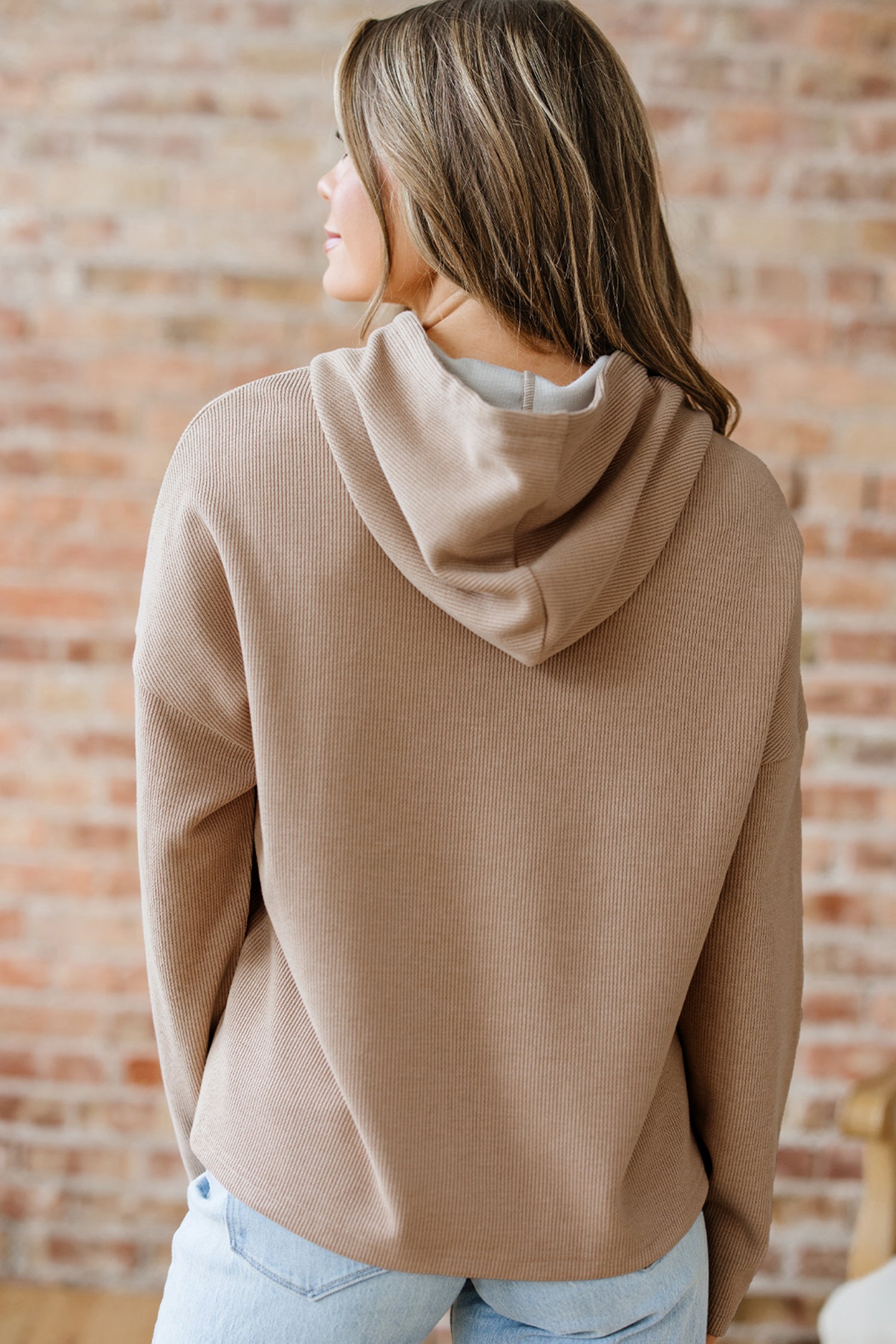 Rose Tan Thermal Textured Lace Drawstring Baggy Hoodie