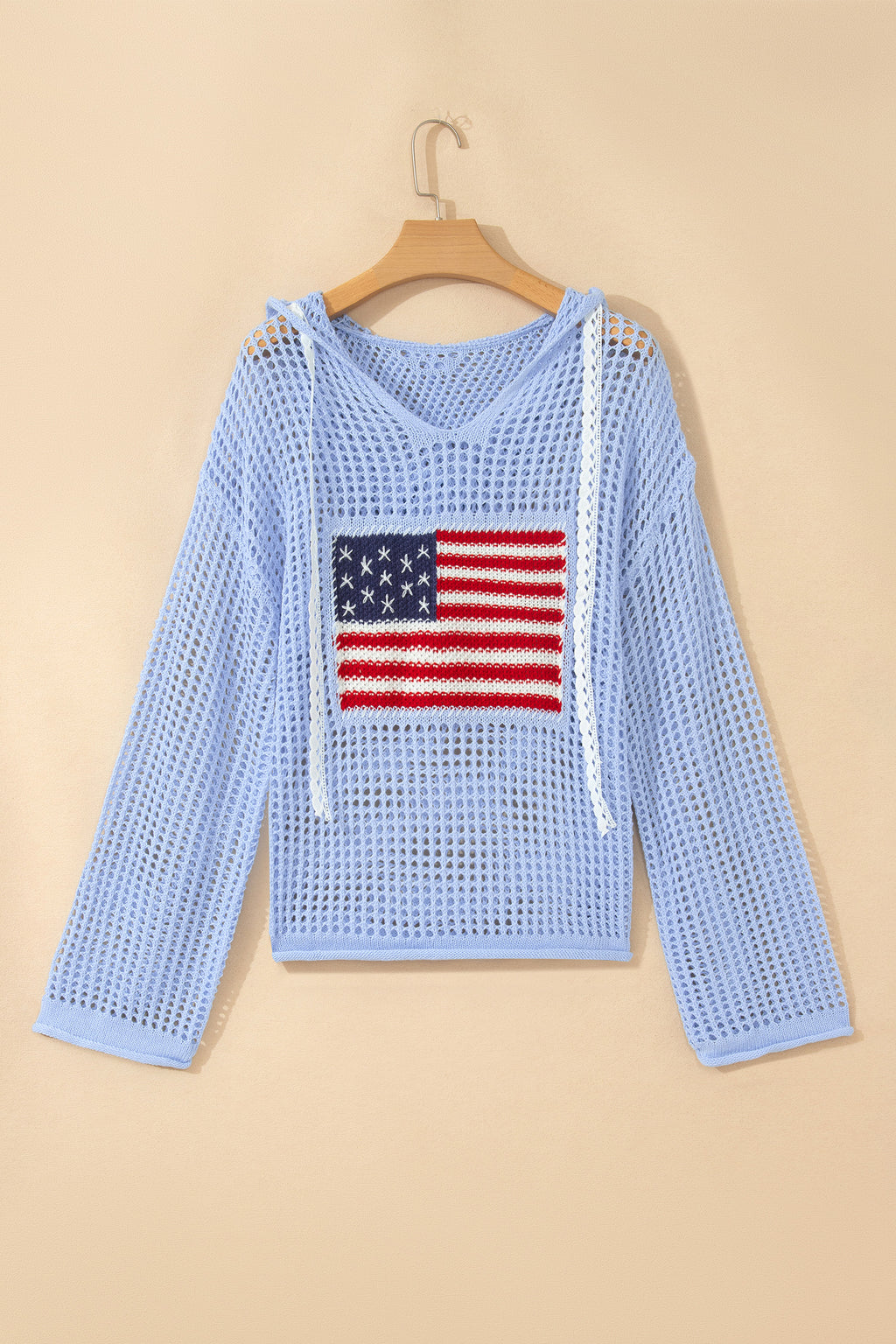 Beau Blue Hollow Out Crochet Knit American Flag Patched Sweater Hoodie