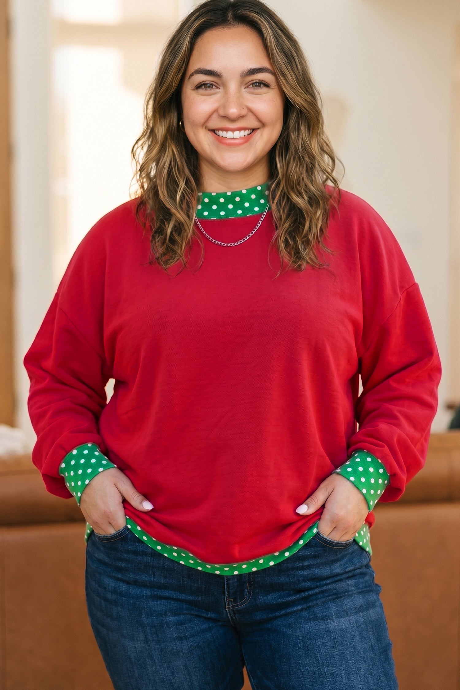 Dark Green Polka Dot Patchwork Round Neck Plus Size Sweatshirt
