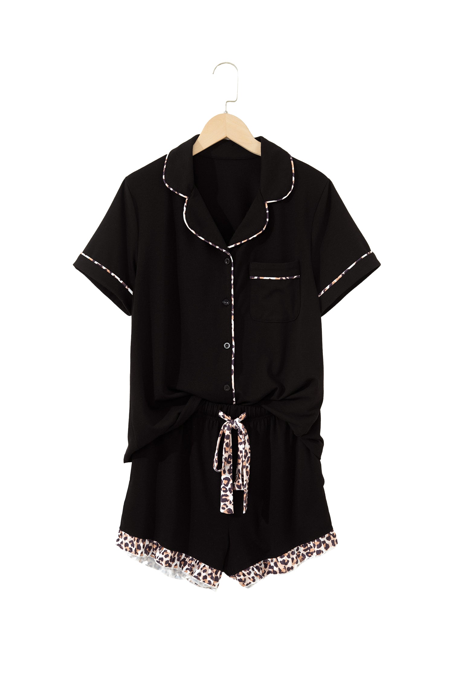 Black Leopard Patchwork Trim Lapel Shirt Drawstring Shorts 2pcs Pajama Set