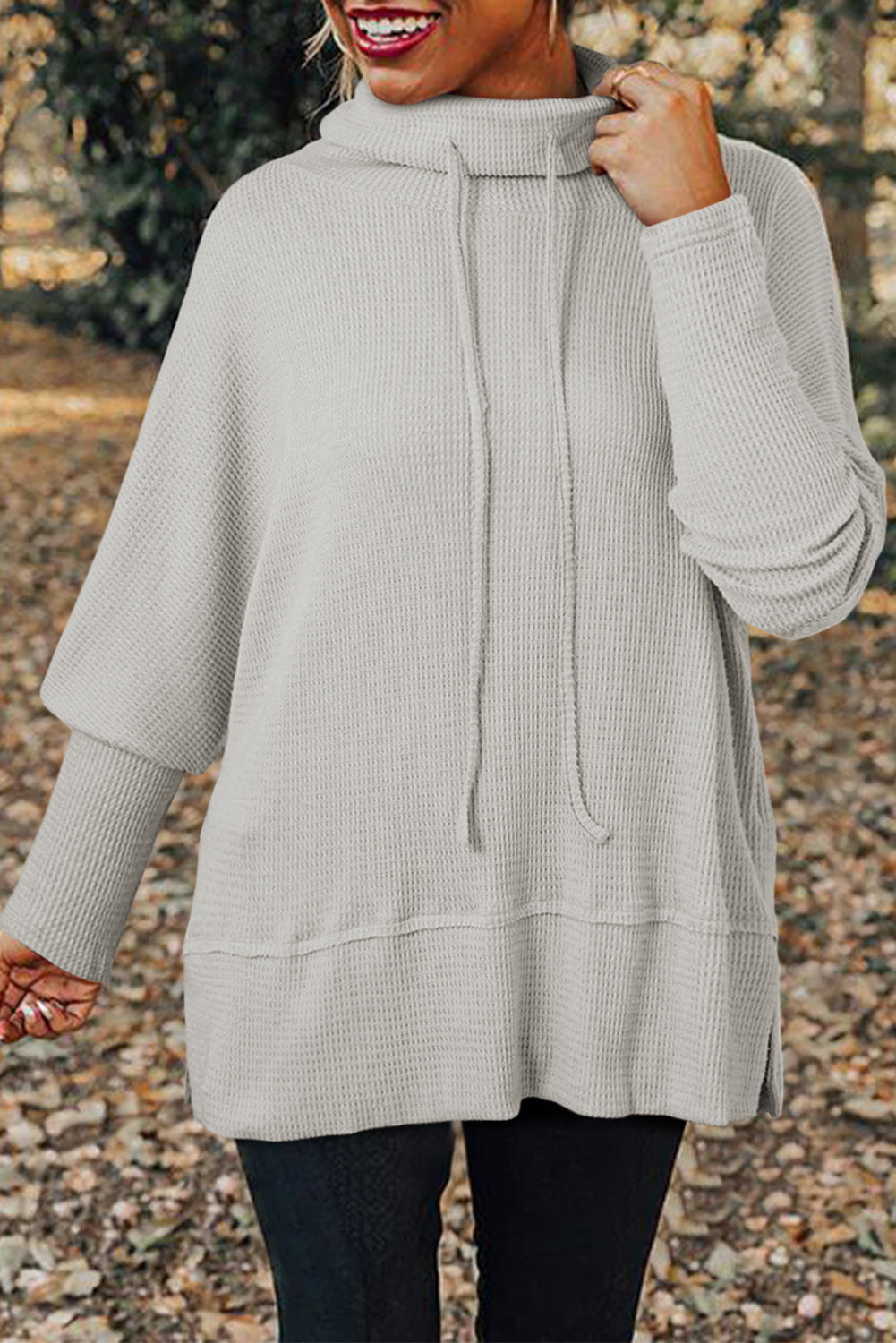 Light Grey Textured Knit Drawstring Cowl Neck Oversize Top with Side Slits