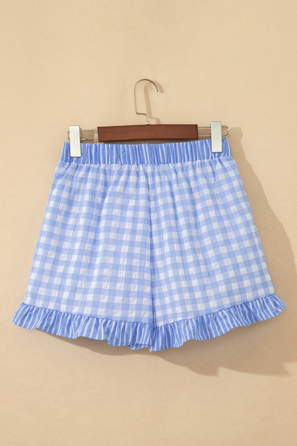 Red Gingham Print Ruffle Striped Detail Lace Tie Shorts