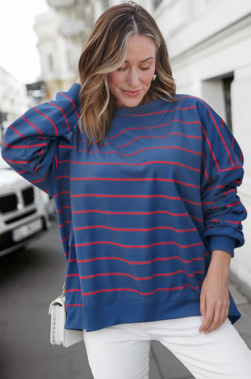 Yellow Stripe Stylish Overlap Detail Drop Shoulder Pullover Sweatshirt