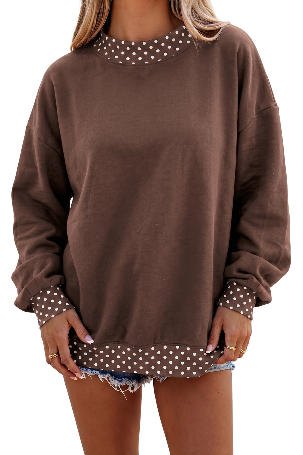 Dark Green Colorblock Polka Dot Contrast Trim Oversized Sweatshirt