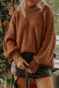 Chestnut Long Sleeve Ribbed Knit Stand Neck Regular Fit Pullover Sweater