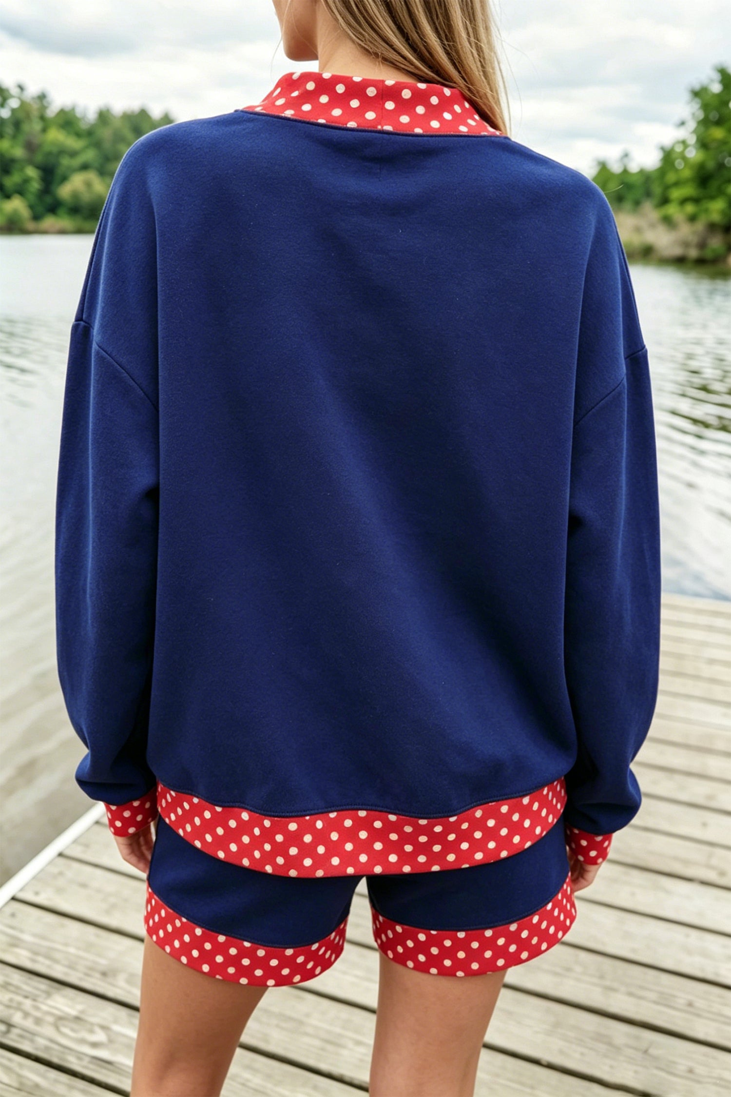 Navy Blue Polka Dot Trim Baggy Pullover 2pcs Short Set