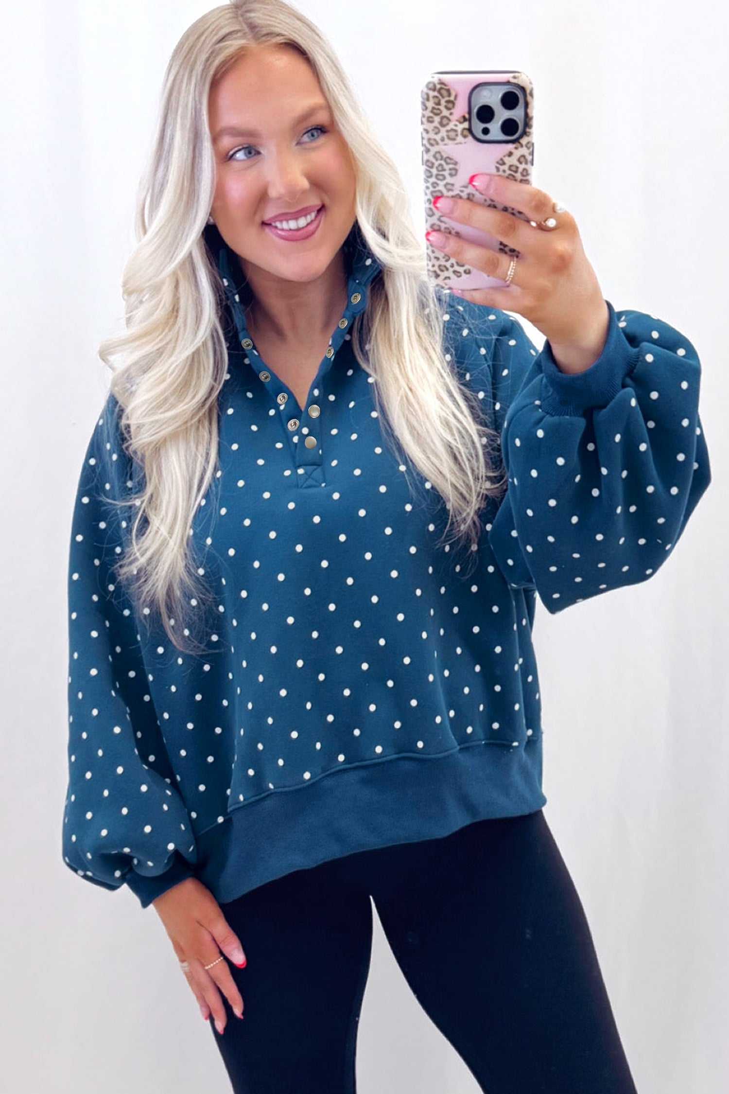 Red Polka Dot Print Metal Button Collar Casual Pullover Sweatshirt