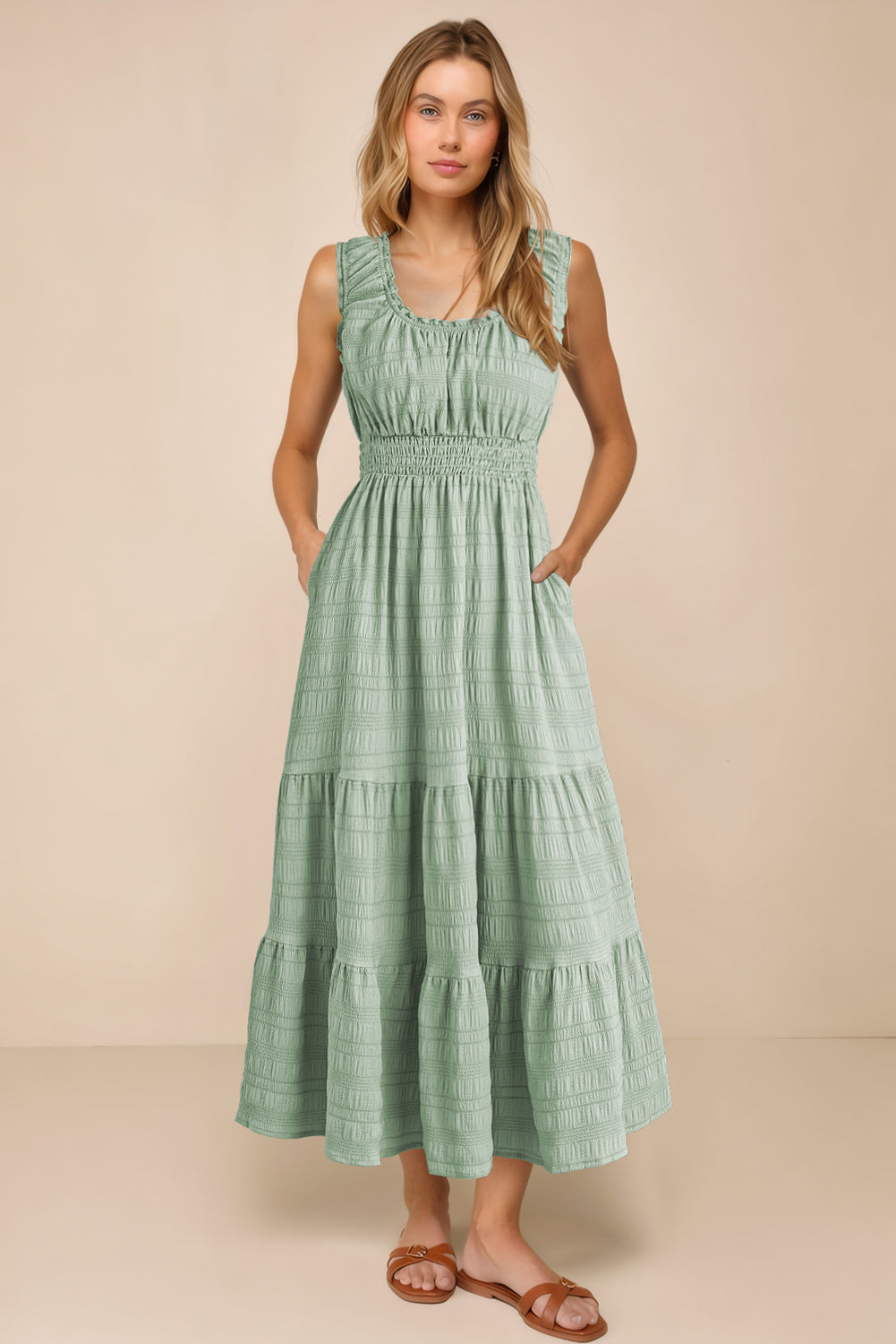 Green Pleated Square Neck Sleeveless Midi Dress
