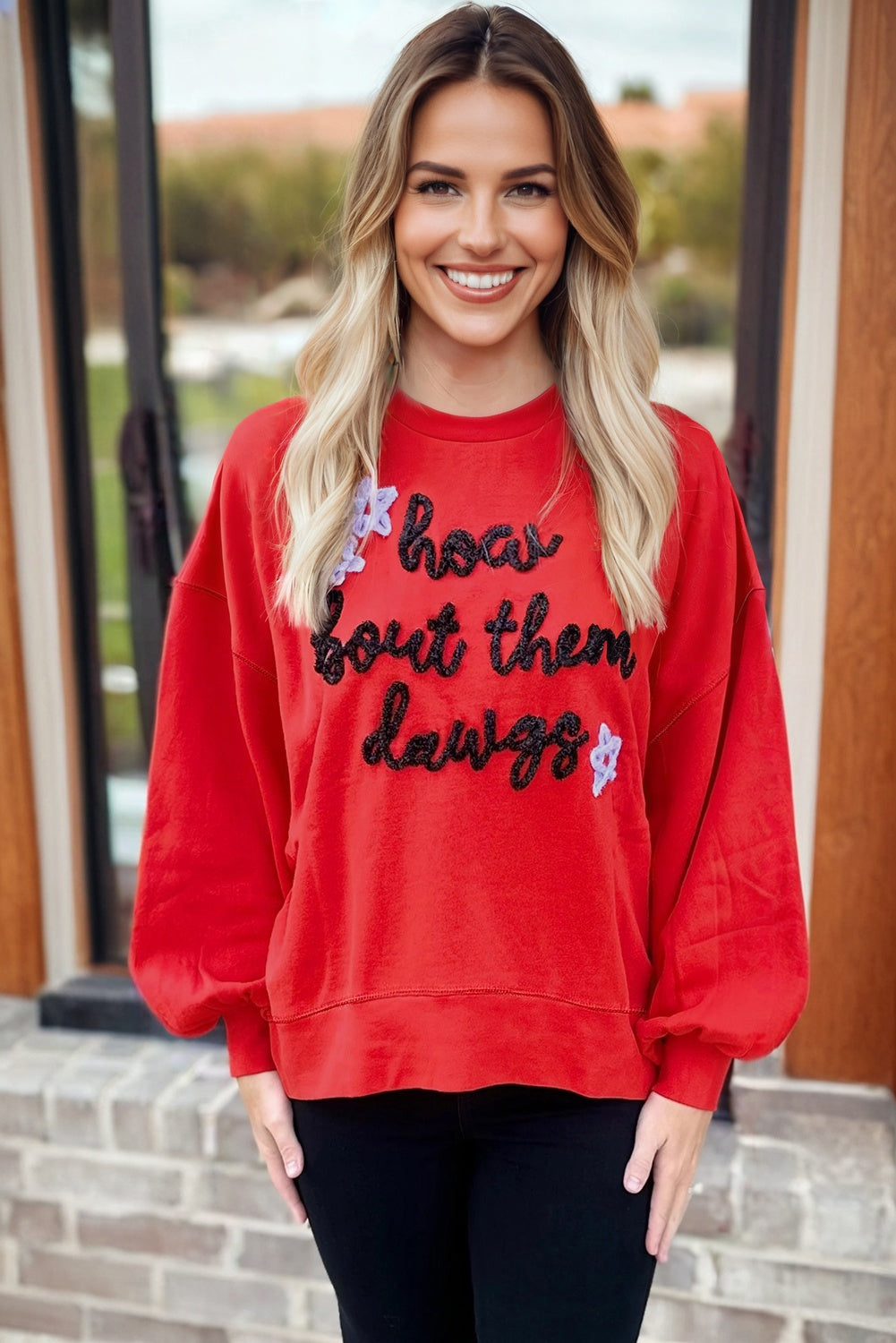 How Bout Them Dawgs Embroidered Script Balloon Sleeve Sweatshirt