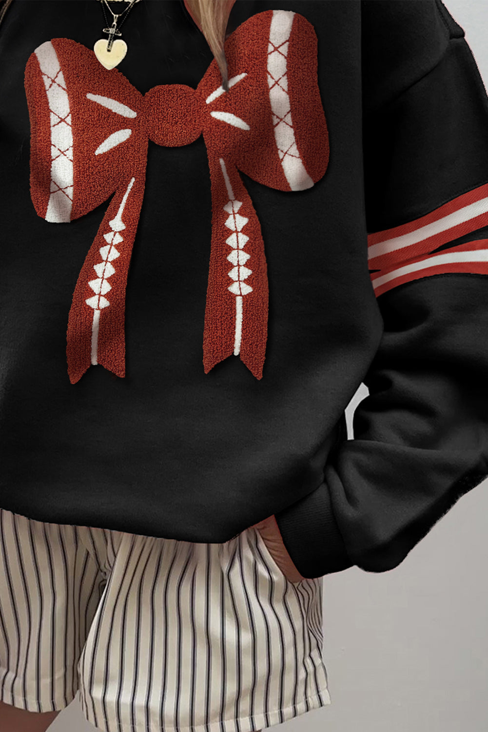 Baseball Bow Graphic Striped Sleeve Baggy Sweatshirt