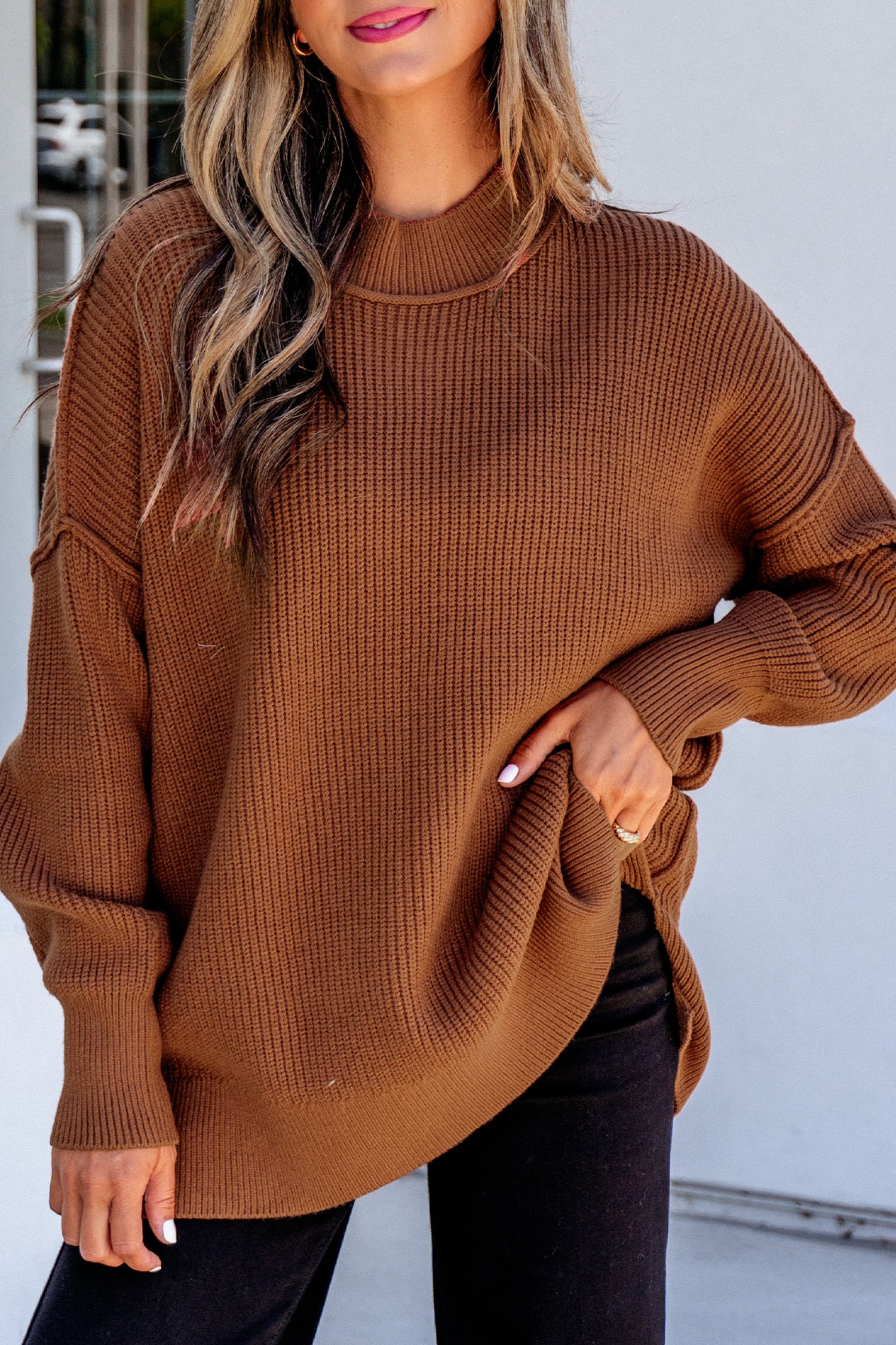 Chestnut Long Sleeve Ribbed Knit Stand Neck Regular Fit Pullover Sweater