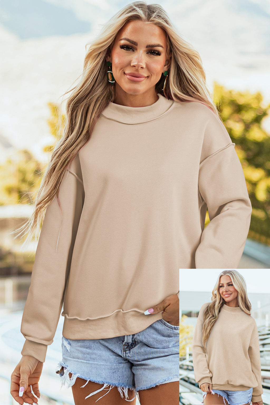 Apricot Oversize Drop Shoulder Reversible Mock Neck Sweatshirt