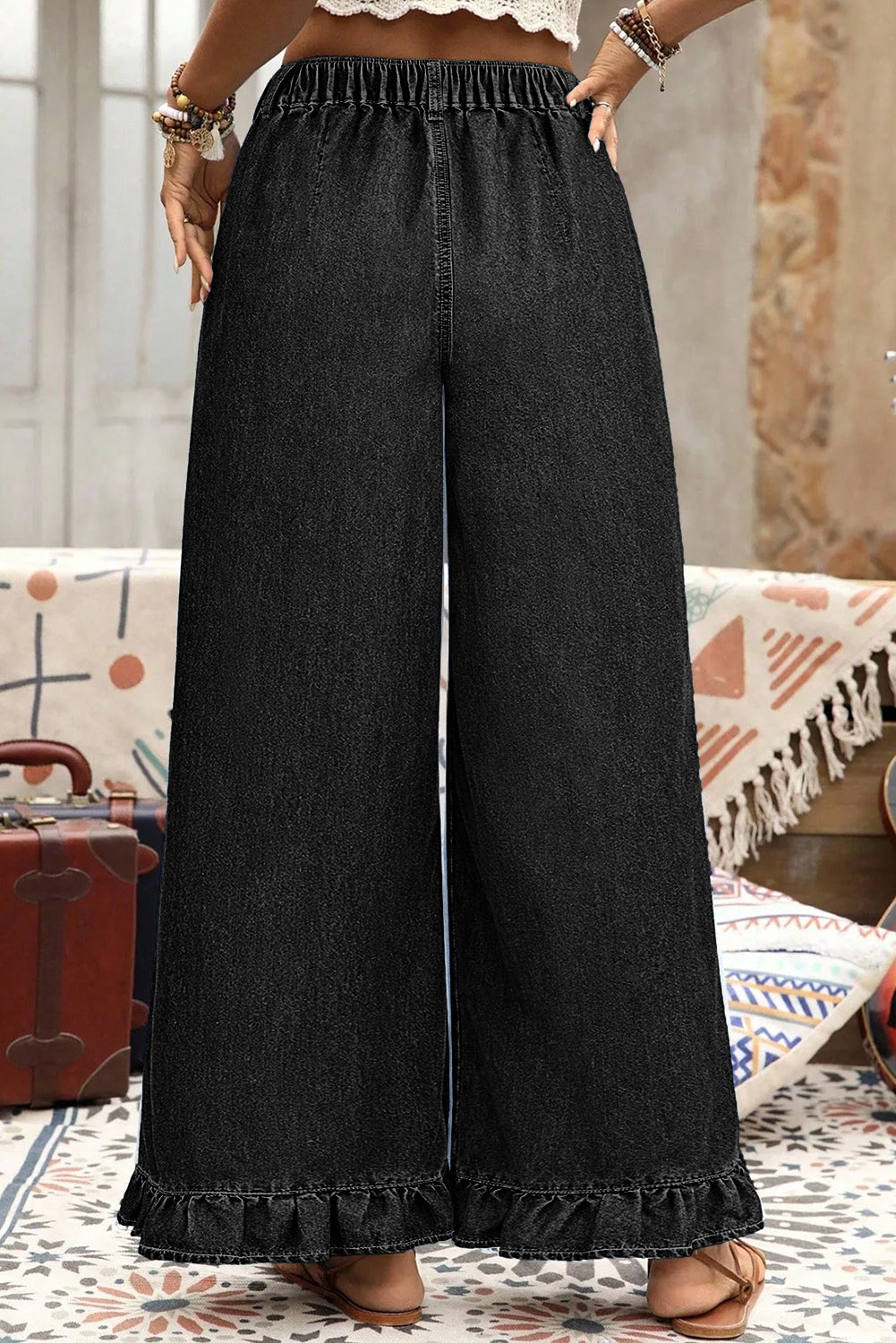 Ashleigh Blue Plus Size Elastic Waist Ruffled Wide Leg Denim Pants