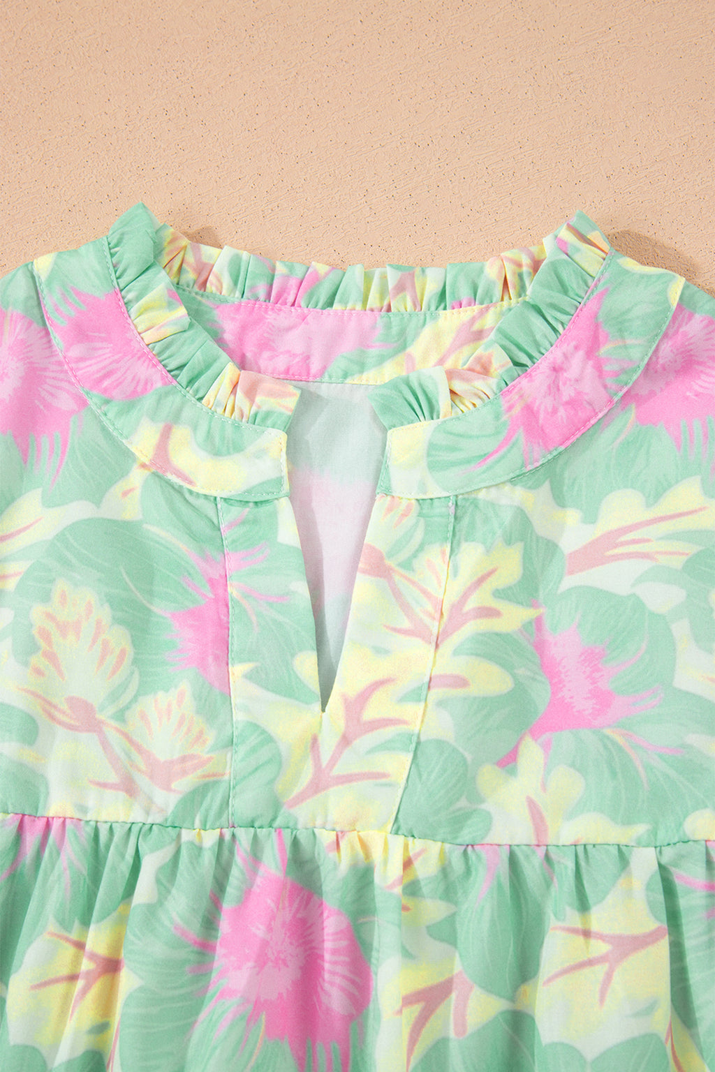 Green Short Bubble Sleeve Summer Floral Blouse