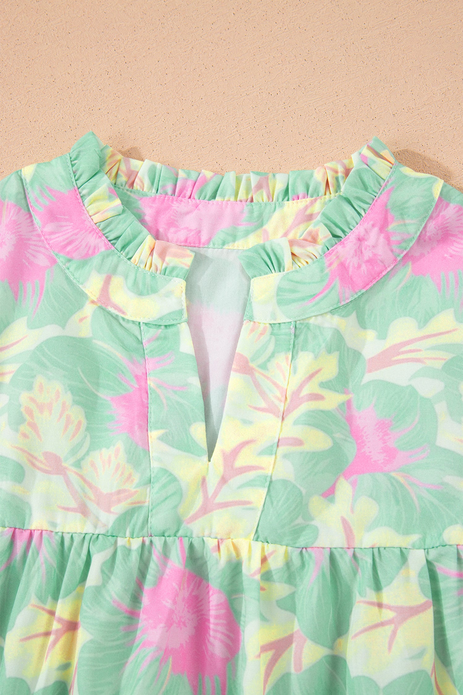 Green Short Bubble Sleeve Summer Floral Blouse