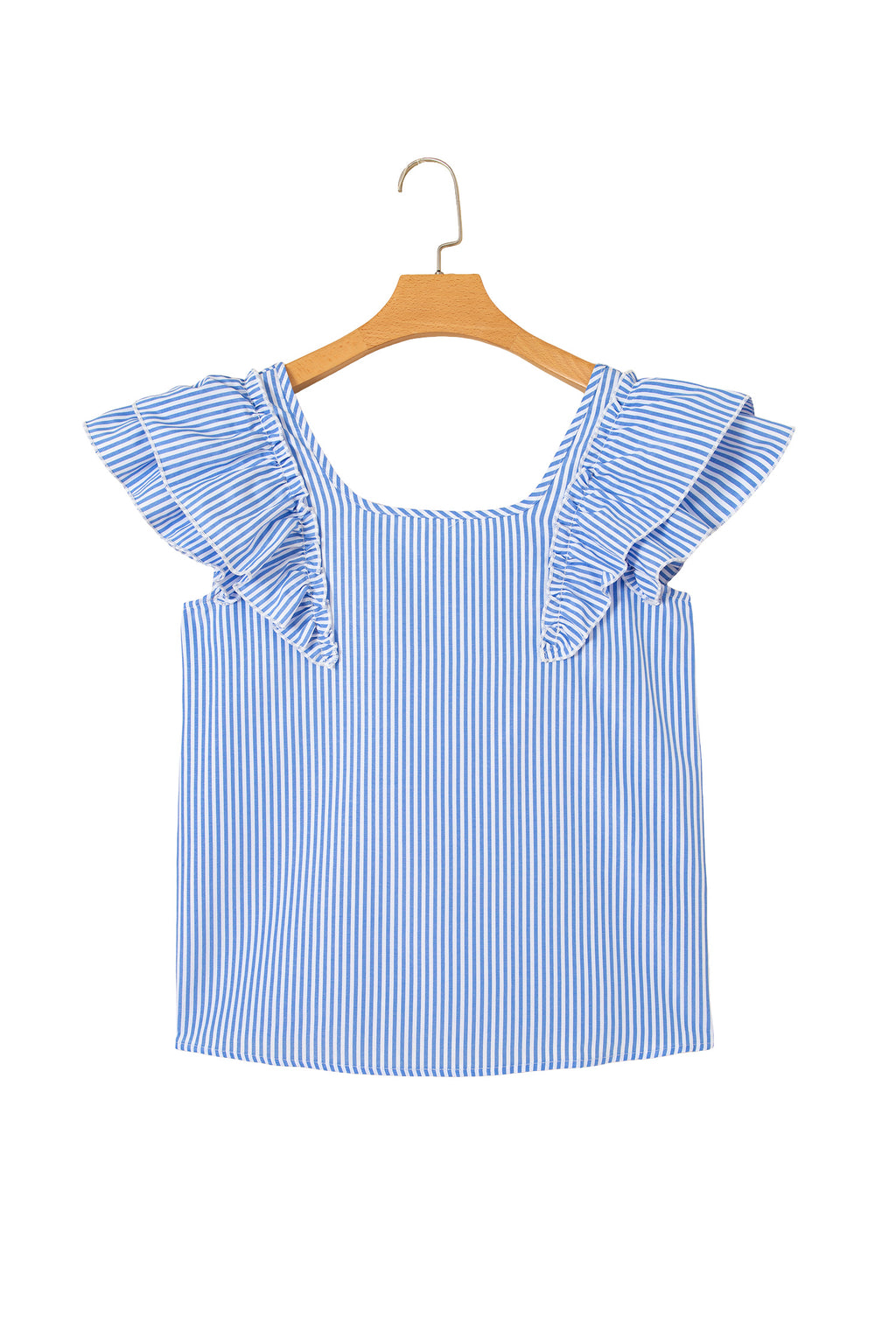 Sky Blue Stripe Square Neck Bow Decor Frilly Ruffled Short Sleeve Blouse