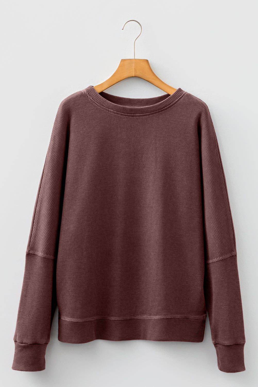 Bright Pink Waffle Knit Patchwork Long Sleeve Loose Top