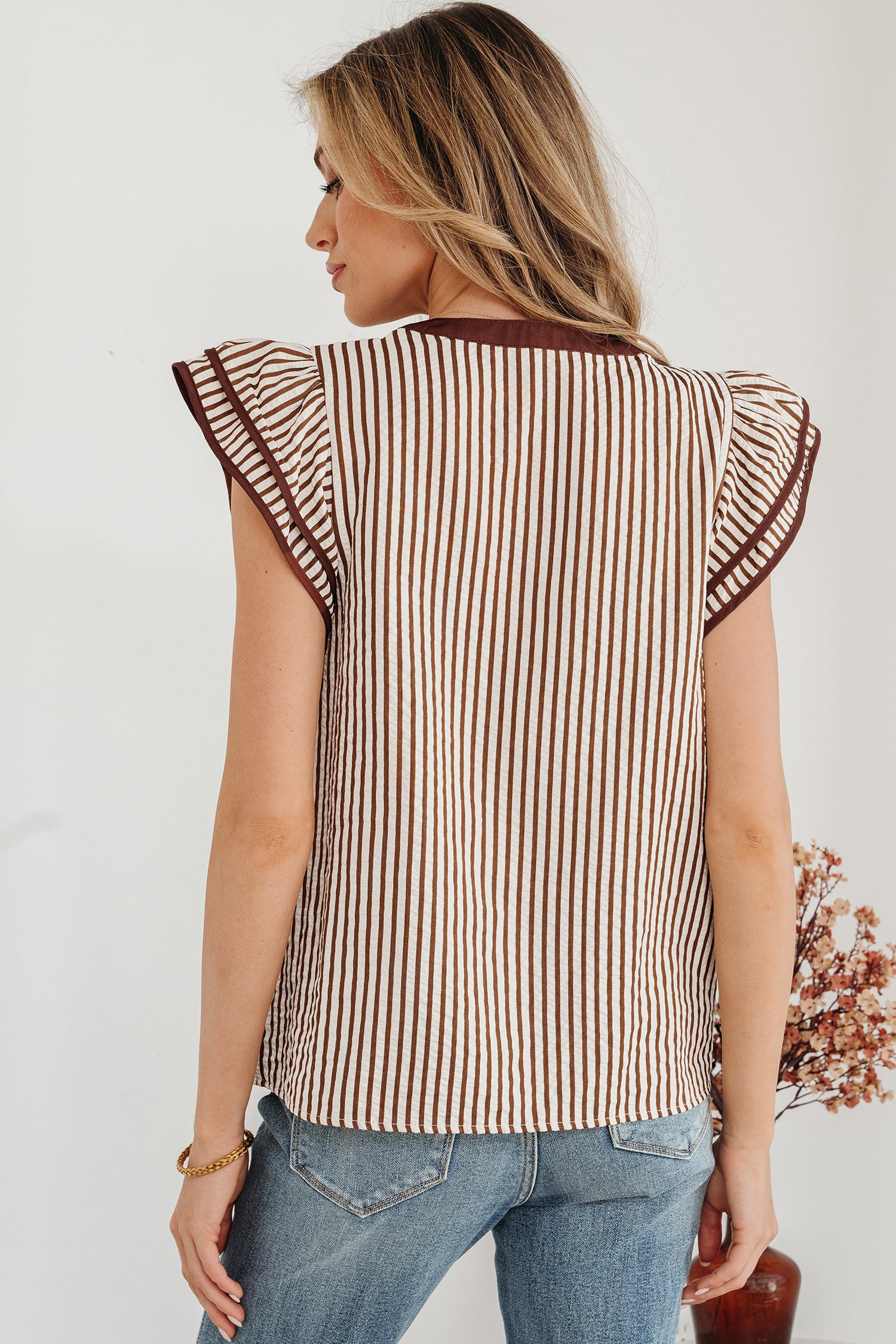 Black Stripe Double Ruffled Short Sleeve V Neck Blouse