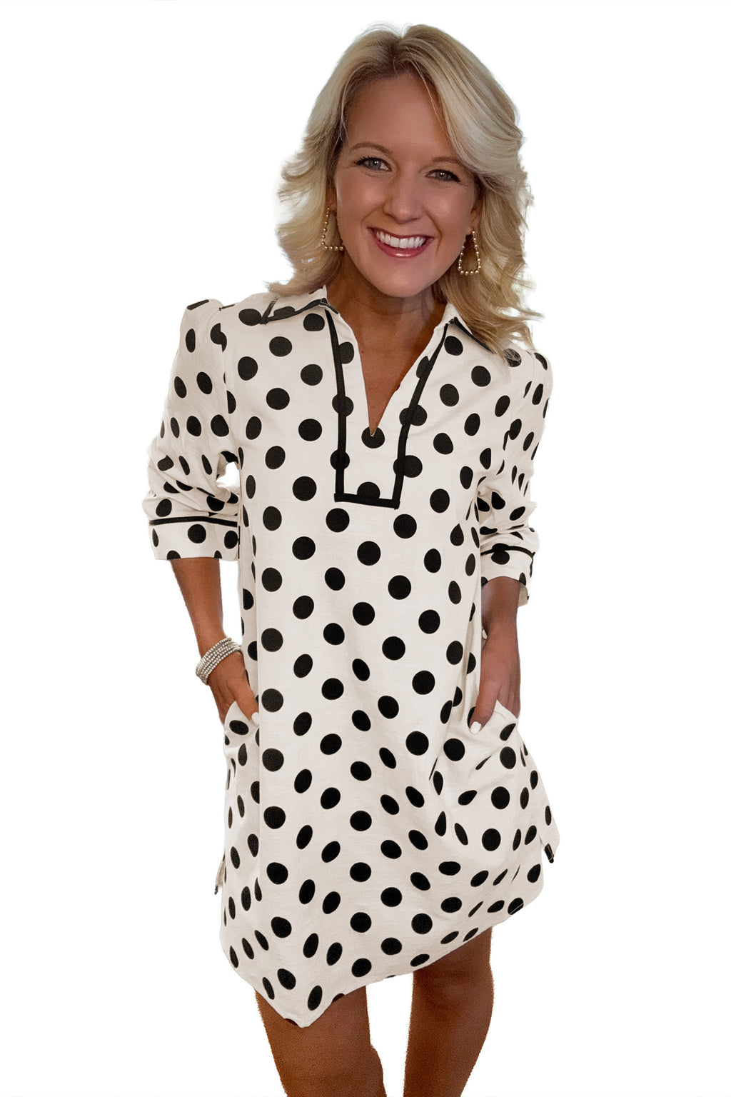 White Polka Dot Half Sleeve Collar V Neck Pocketed Casual Mini Dress
