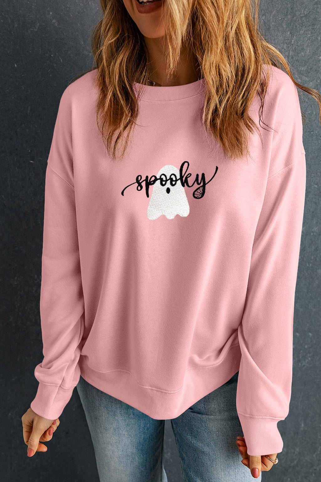 Pink Embroidered Ghost Halloween Graphic Sweatshirt