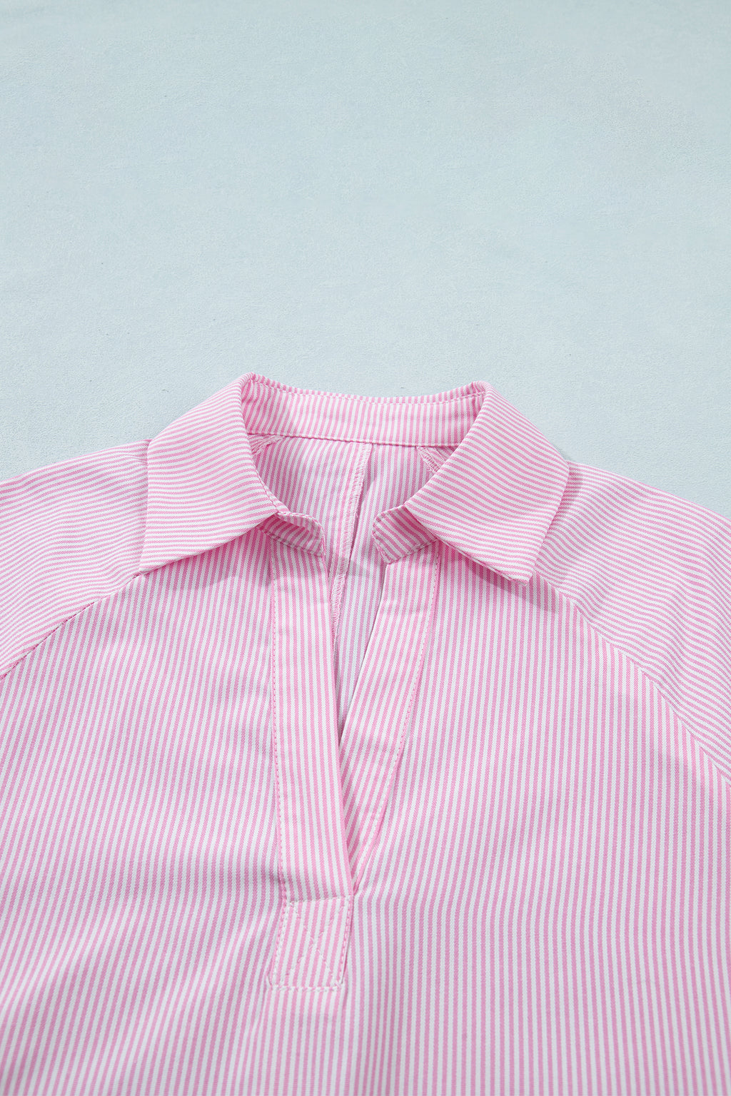 Pink Striped Print Collared Split Neck Half Sleeve Blouse