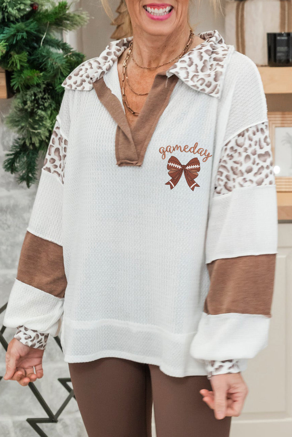 White game day Football Bow Embroidered Graphic Leopard Collar Color Block Patchwork Top