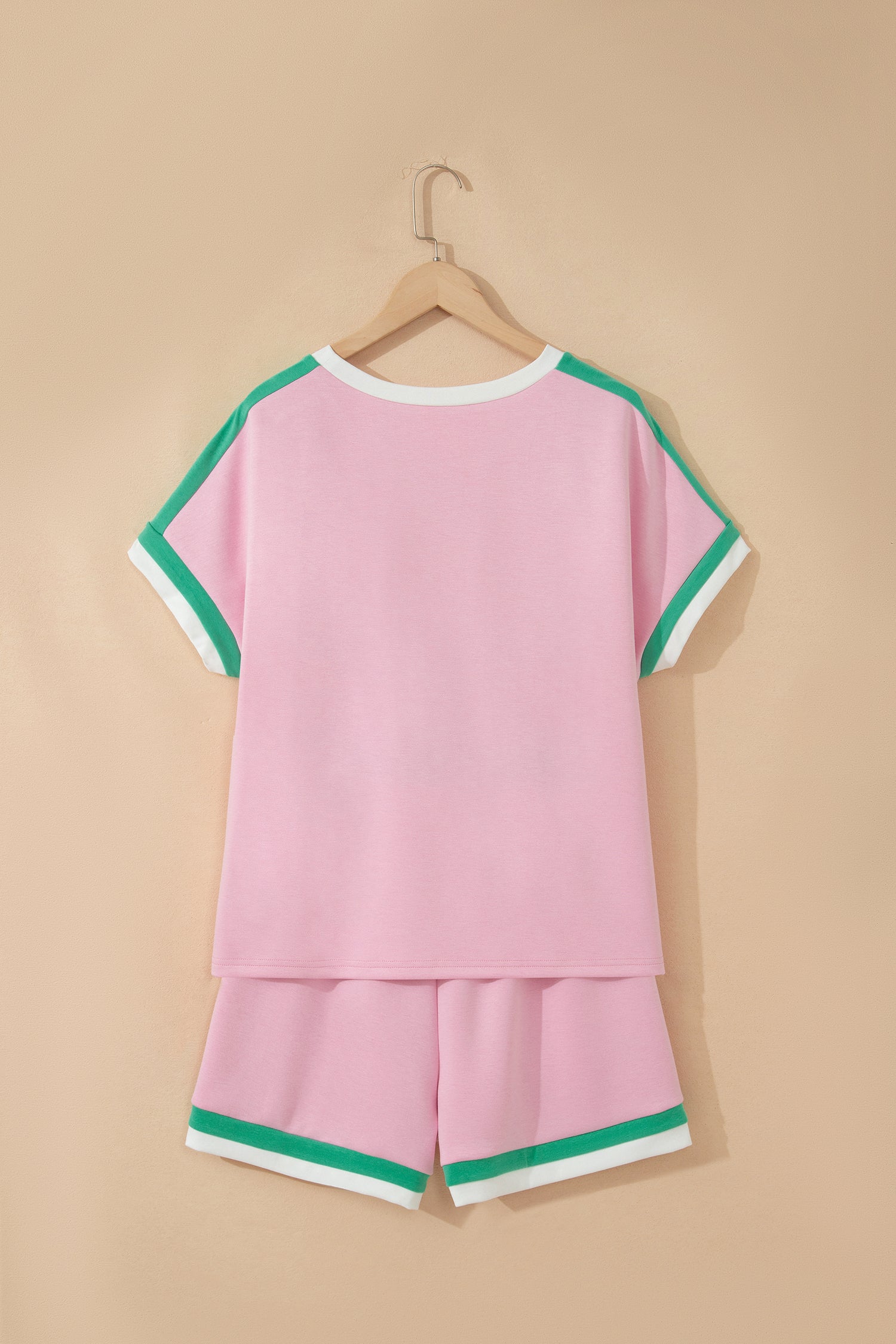 Bonbon Striped Trim Casual Tee Drawstring Shorts 2pcs Set