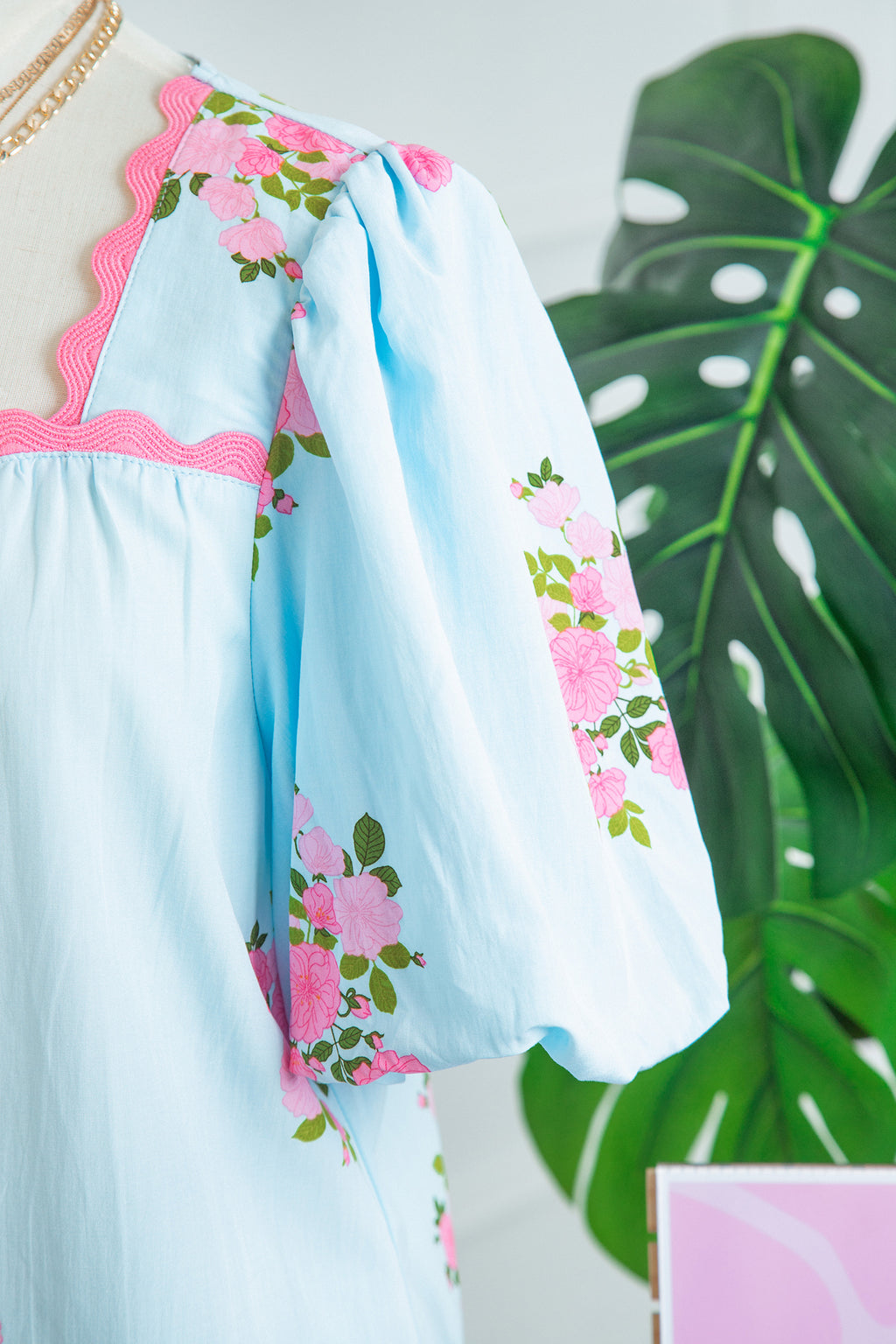 Sky Blue Floral Printed Contrast Ricrac Detail Bubble Sleeve Blouse