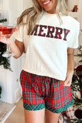 White Plaid Letter Print Short Sleeve Top Elastic Waist Pocket Shorts Lounge Set