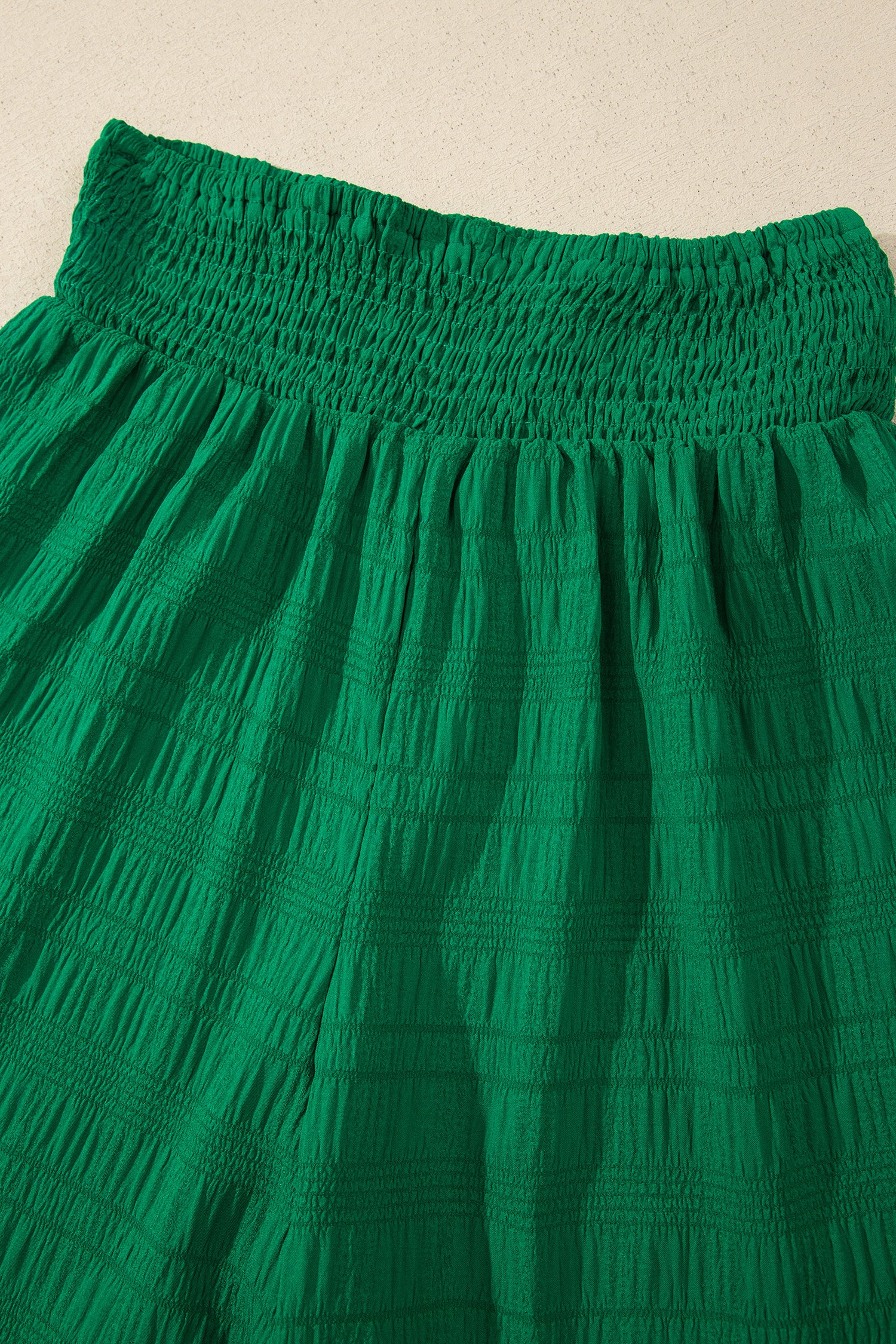Dark Green Textured Square Neck Top and Shirred High Waist Shorts Set