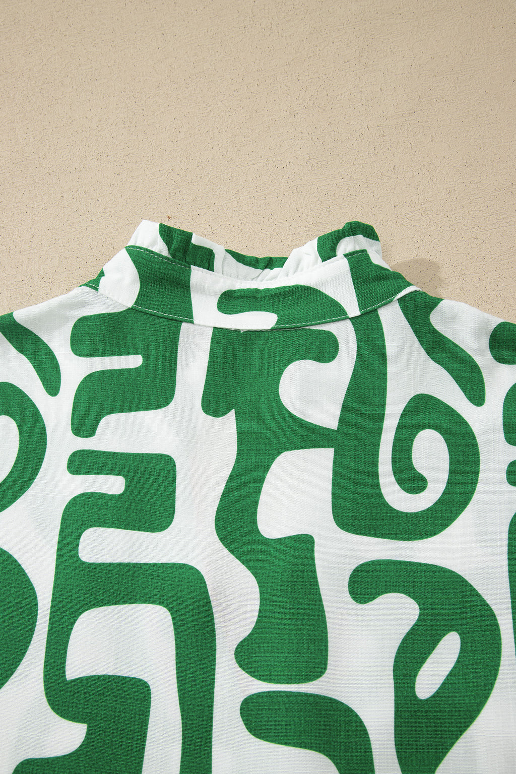 Green Abstract Print Striped Trim V Neck Short Sleeve Blouse
