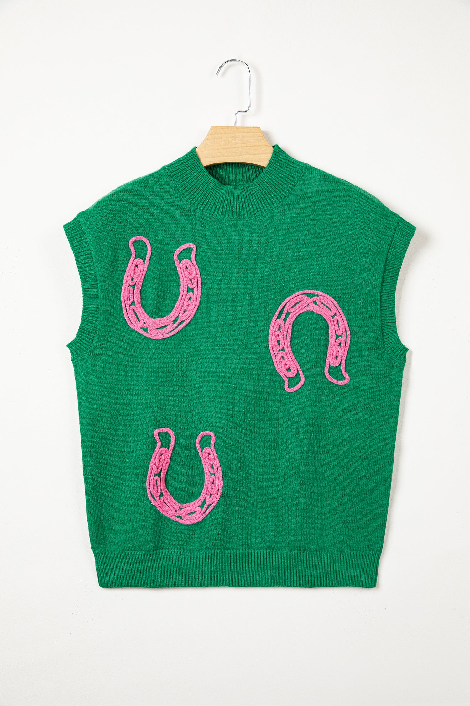 White Corded Horseshoes Ribbed Trim Mock Neck Short Sleeve Sweater