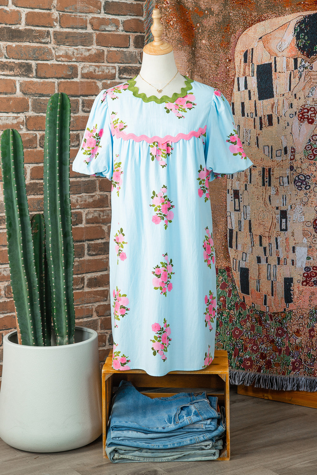 Sky Blue Floral Printed Contrast Ricrac Detail Bubble Sleeve Dress