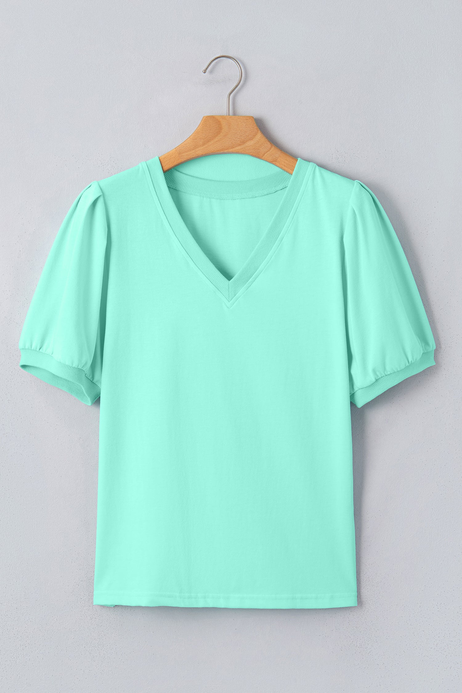 Mint Green Solid Color V Neck Short Puff Sleeve Blouse