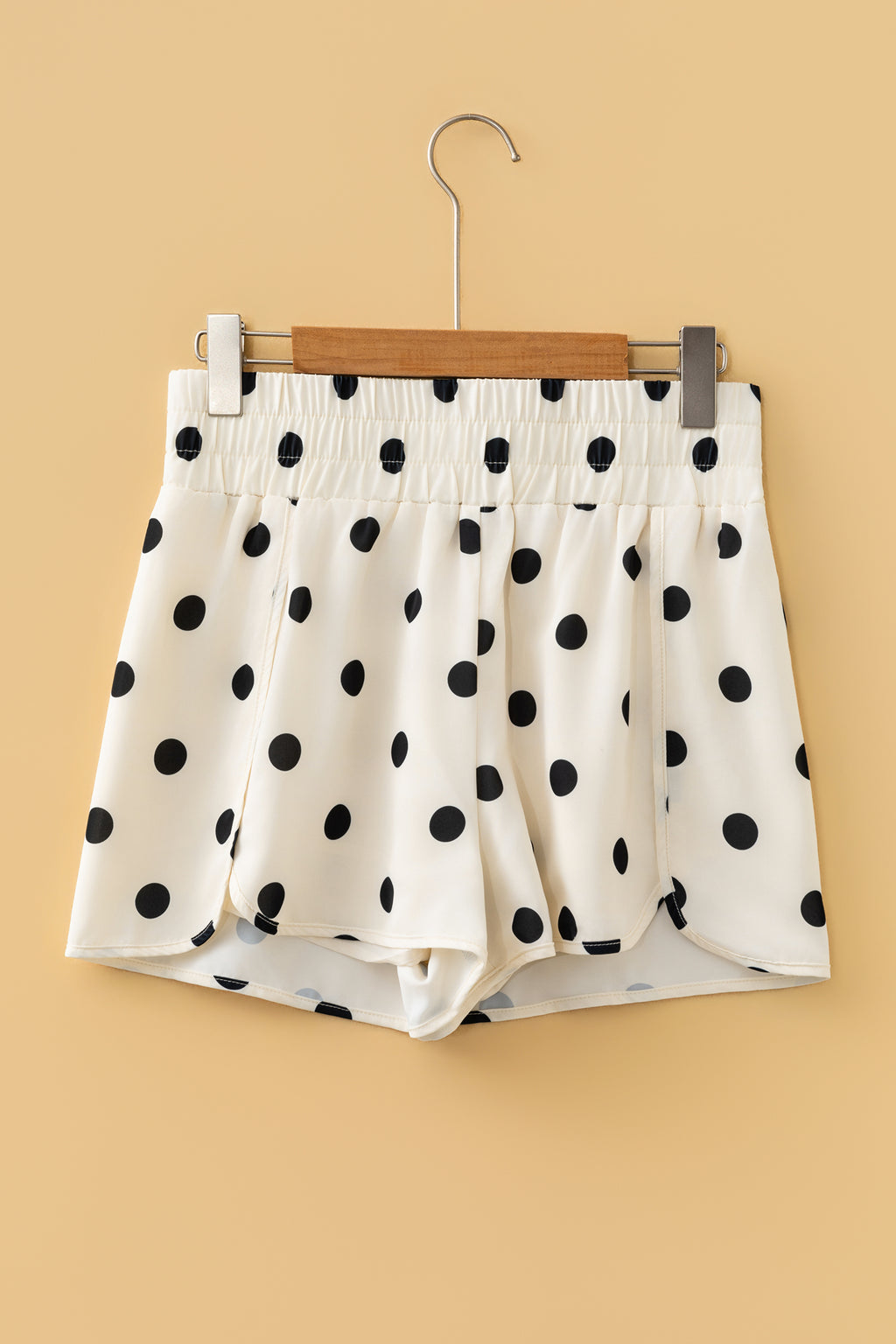 Apricot Polka Dot Print Shirred High Waist Casual Shorts
