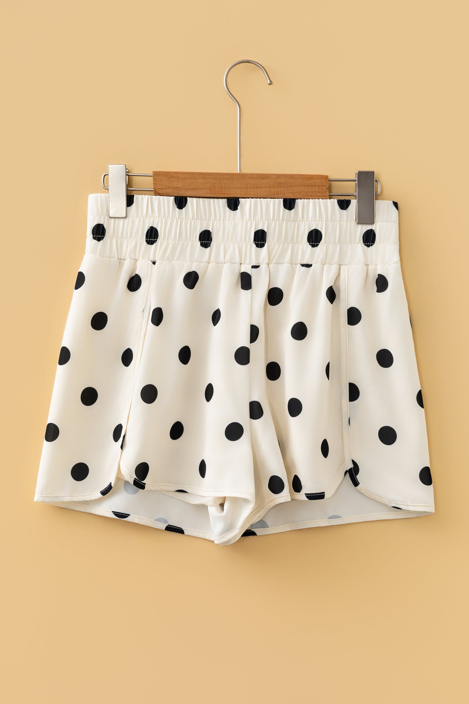 Apricot Polka Dot Print Shirred High Waist Casual Shorts