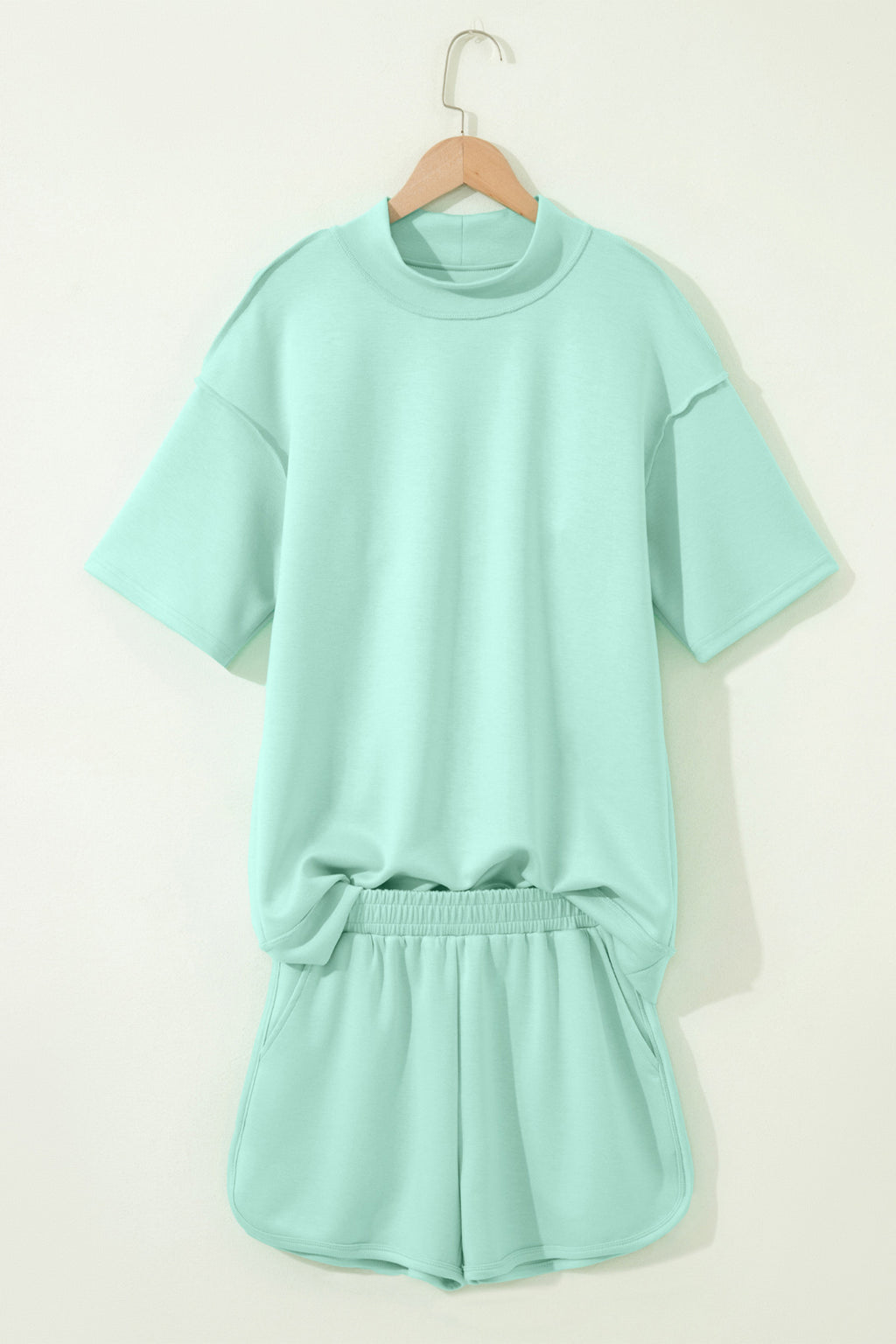 Yellow Cream Solid Color Exposed Seam Mock Neck Oversize Tee Casual Shorts 2pcs Outfit