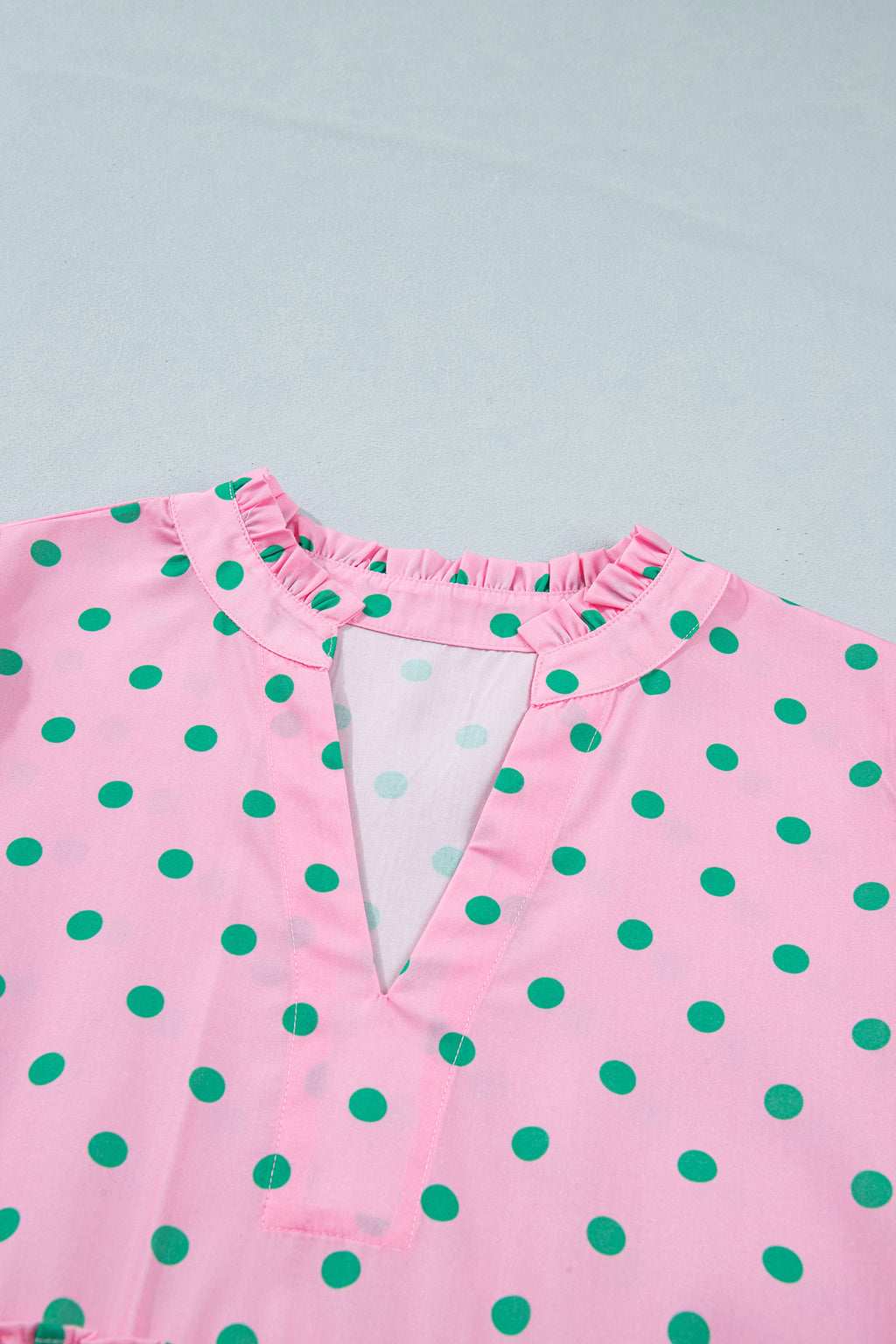 Pink Polka Dot Print V Neck Short Sleeve Tiered Mini Dress
