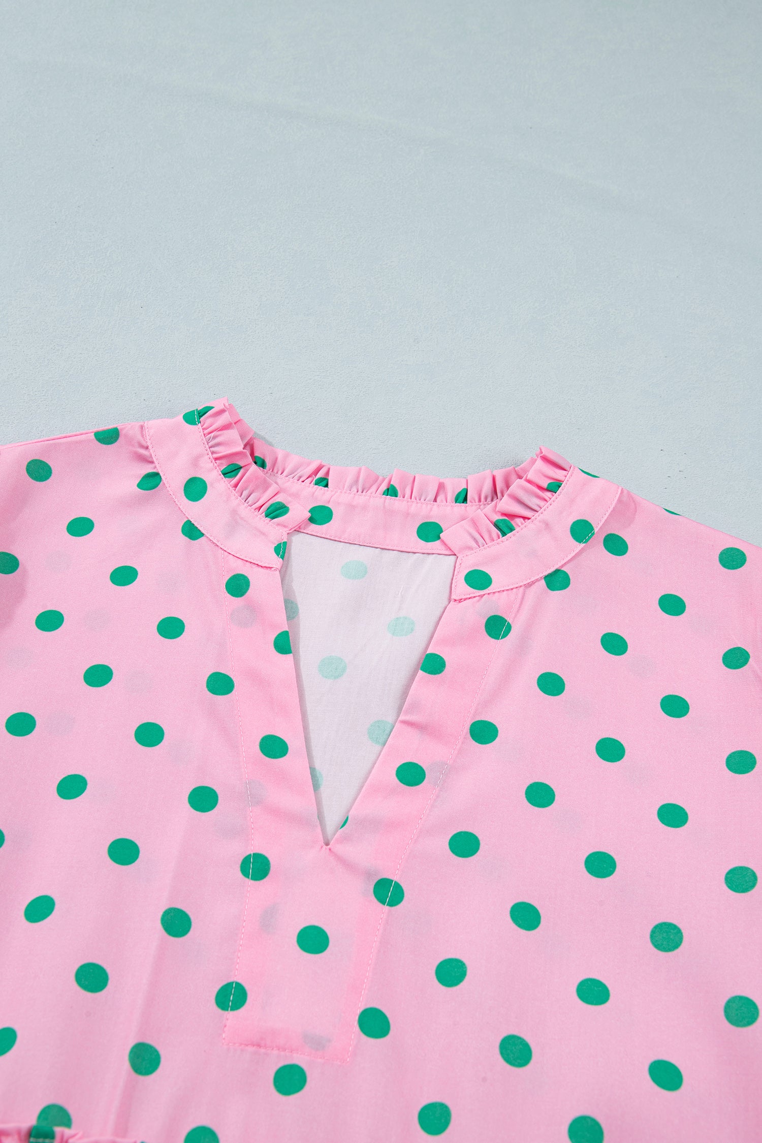 Pink Polka Dot Print V Neck Short Sleeve Tiered Mini Dress