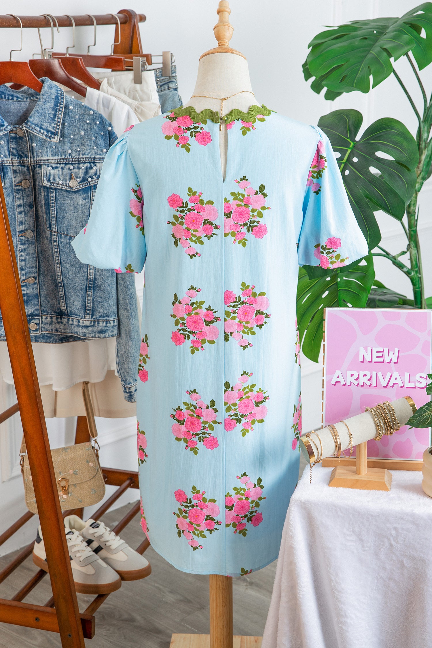 Sky Blue Floral Printed Contrast Ricrac Detail Bubble Sleeve Dress