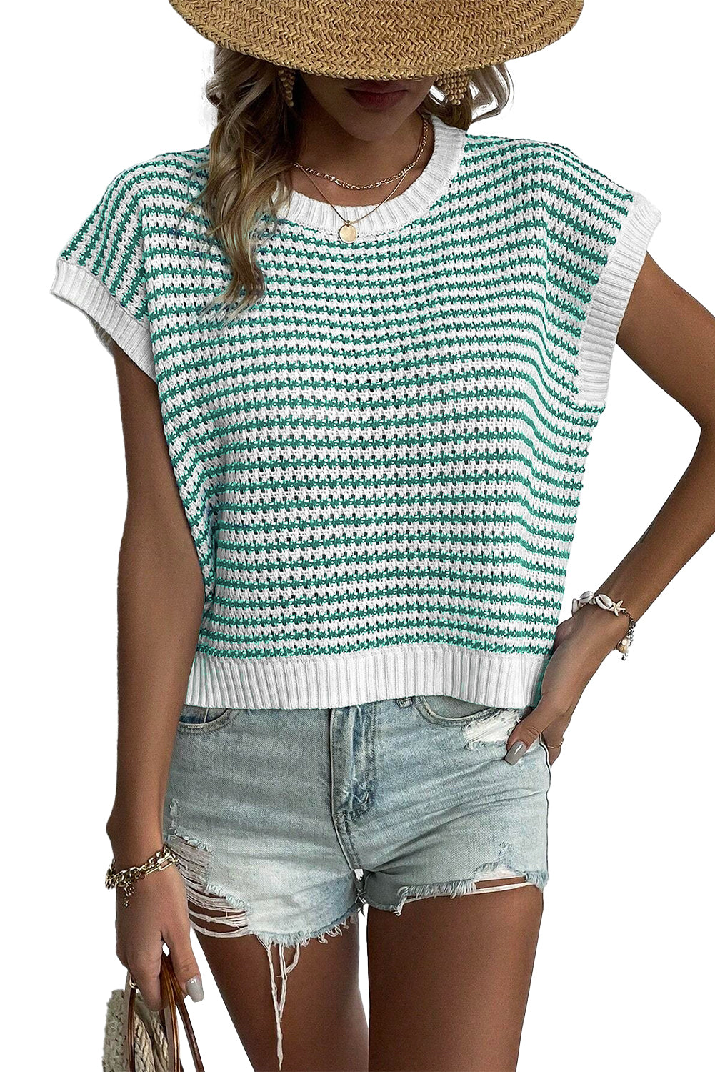 Green Stripe Ribbed Trim Loose Fit Knitted Sweater Vest