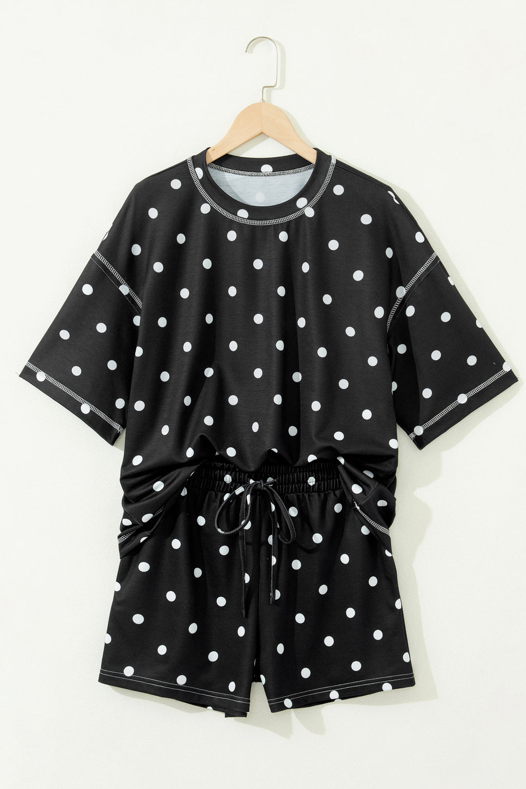 Yellow Exposed Seam Detail Polka Dot Loose Tee Drawstring Shorts Set